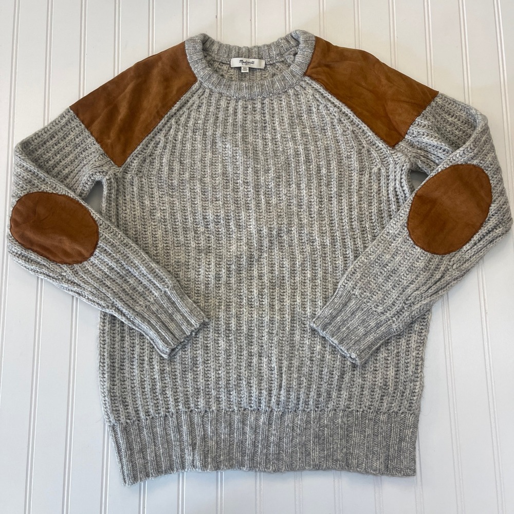 Madewell Grey Wool Alpaca Ribbed Sweater Leather Elbow Patches Preppy XS
